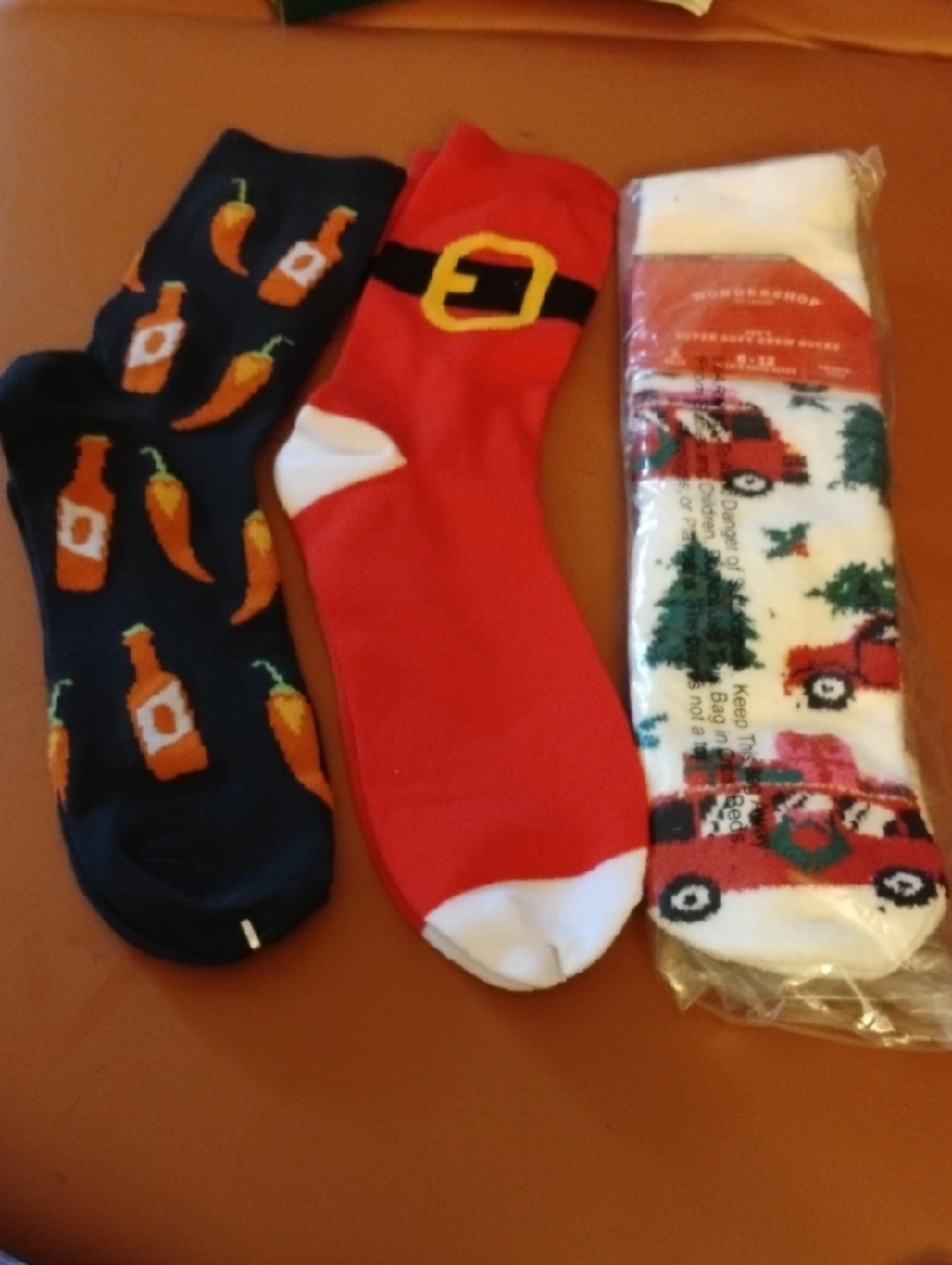Men's 3-Pack Casual Crew Socks - Hot Sauce, Santa Belt Red & White Truck